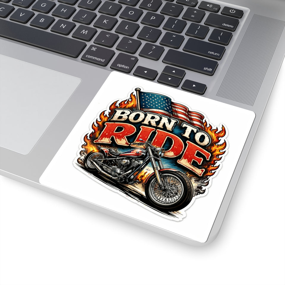 Born to Ride Motorcycle Sticker — American Flag Flame Bike Kiss-Cut
