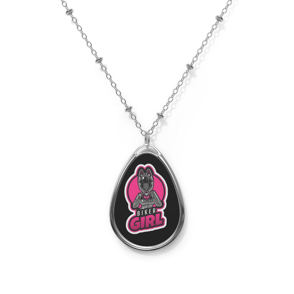 Biker Girl Oval Necklace — Pink Motorcycle Charm Pendant