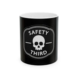 Safety Third Skull Mug — Funny Dark Humor Coffee Cup (11oz/15oz)