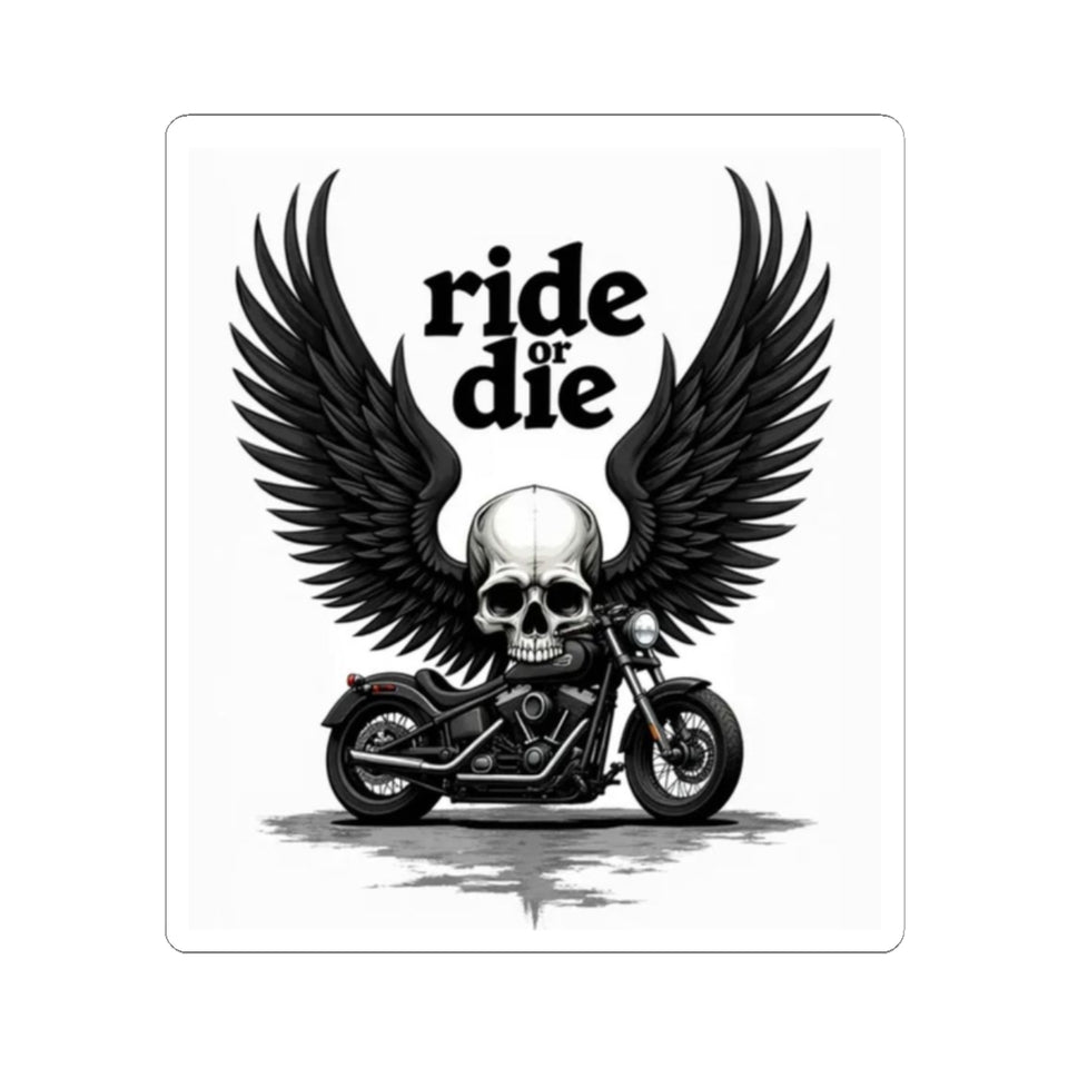 Ride or Die Motorcycle Skull Sticker - Kiss-Cut Biker Decal with Wings