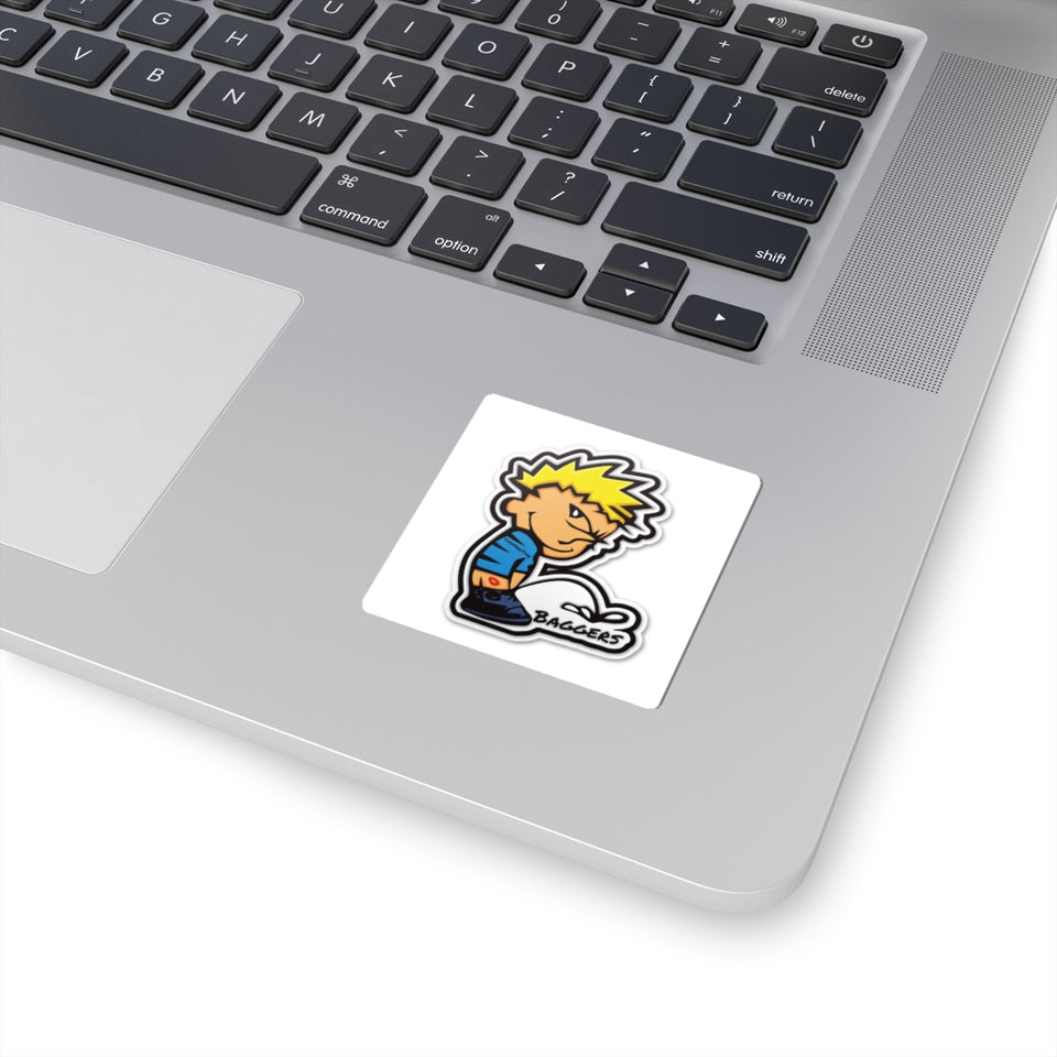 Peeing Boy Cartoon Kiss-Cut Sticker — 'Baggers' Decal for Laptops & Gear