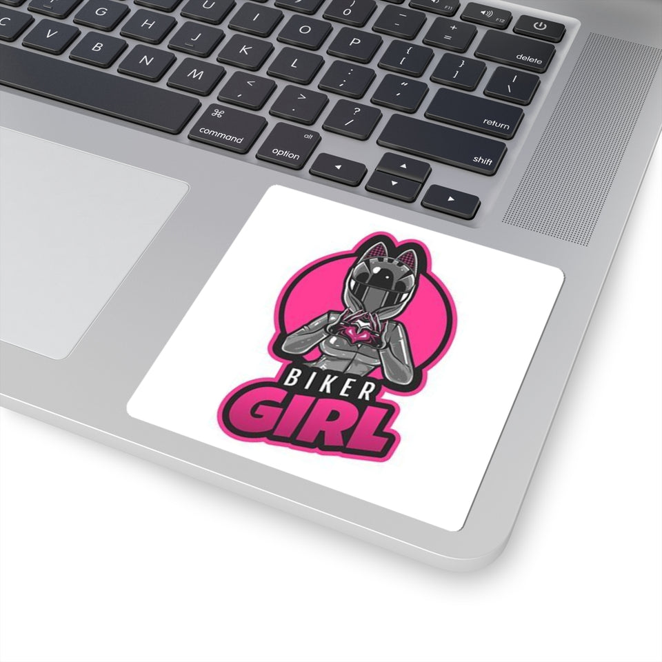 Biker Girl Kiss-Cut Sticker — Pink Motorcycle Helmet Heart Logo