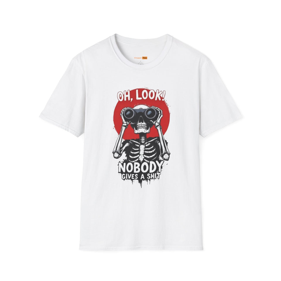 Skeleton Binoculars T‑Shirt — "Oh, Look! Nobody Gives a Sh!t" Graphic Tee
