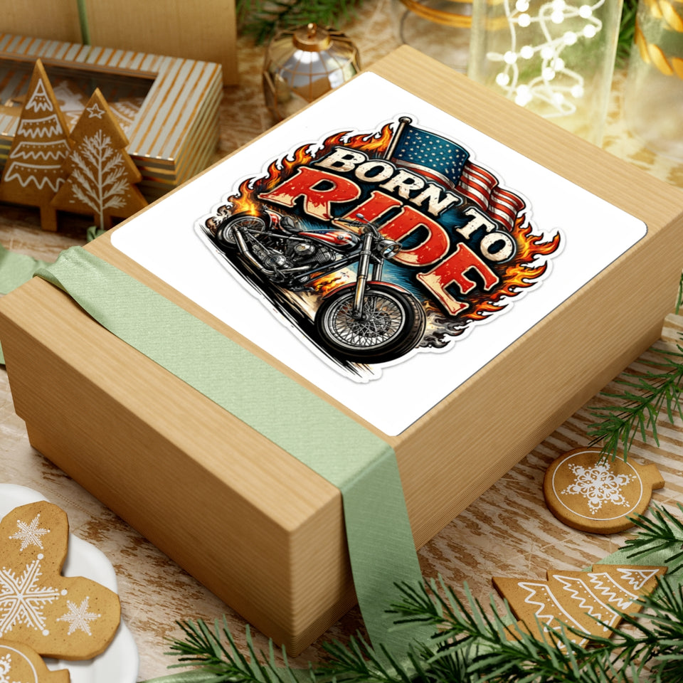 Born to Ride Motorcycle Sticker — American Flag Flame Bike Kiss-Cut