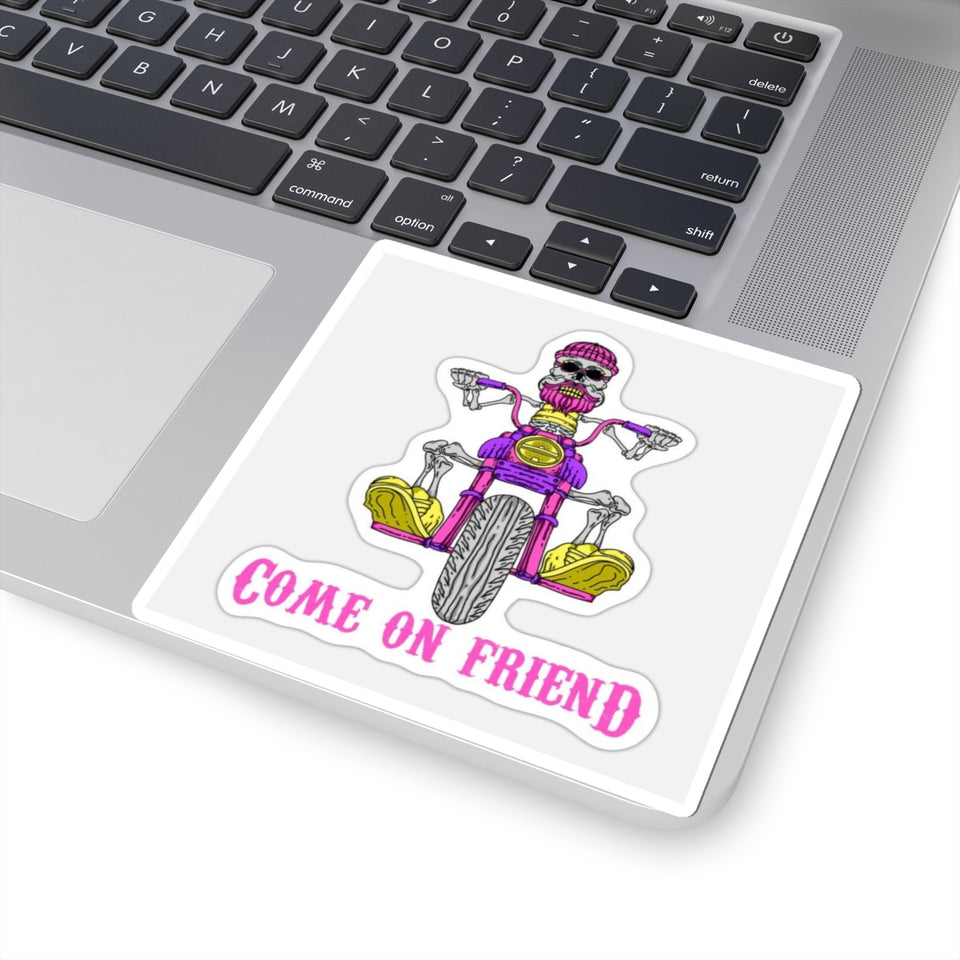 Come On Friend Motorcycle Skull Sticker — Biker Laptop Decal