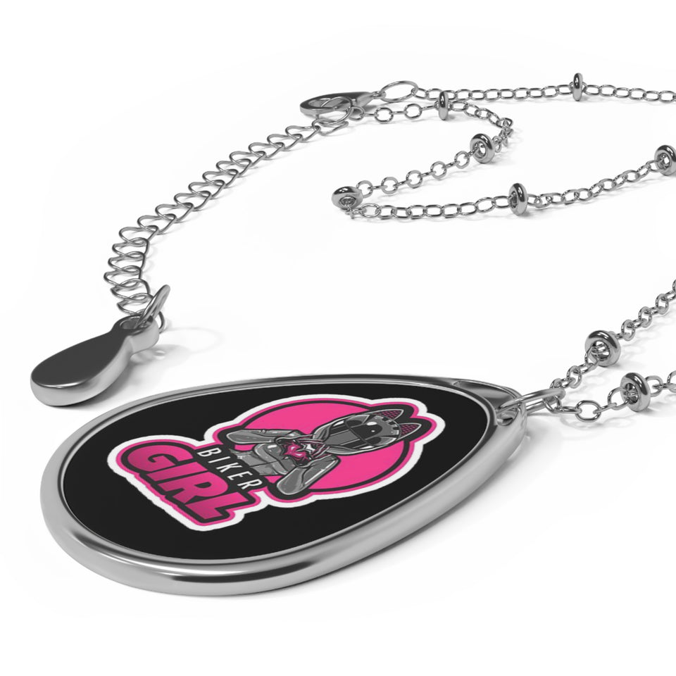 Biker Girl Oval Necklace — Pink Motorcycle Charm Pendant