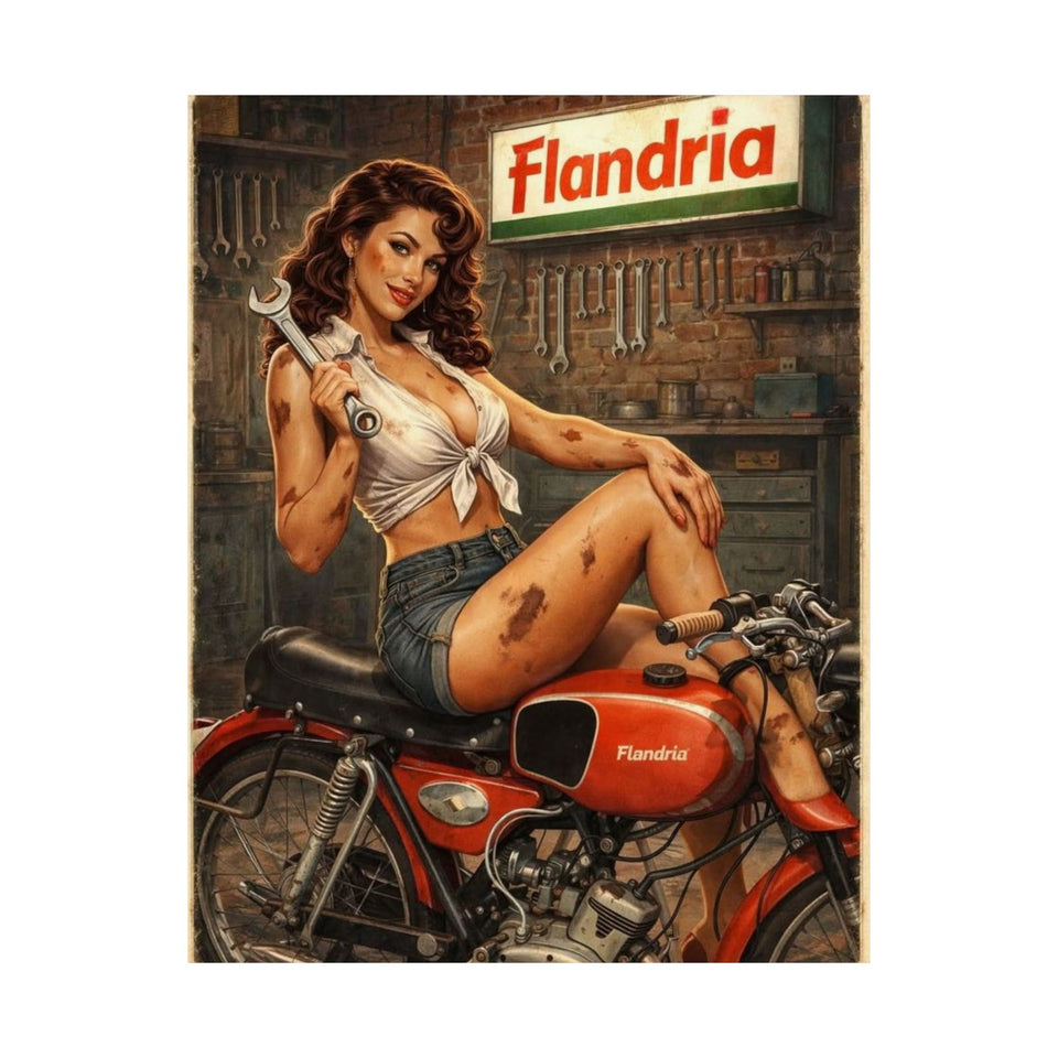 Vintage Pin-Up Motorcycle Poster – “Flandria” Matte Vertical Print