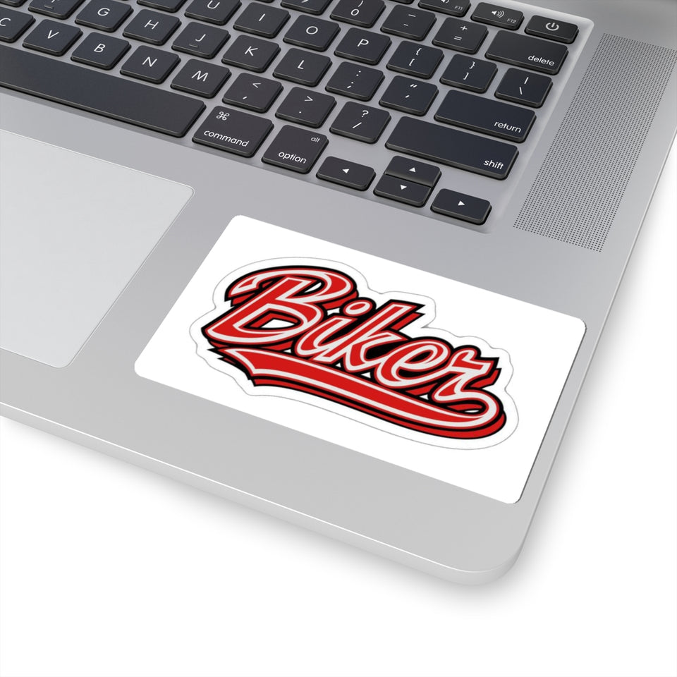 Biker Sticker — Red Script Kiss-Cut Decal for Helmets, Laptops & Bikes