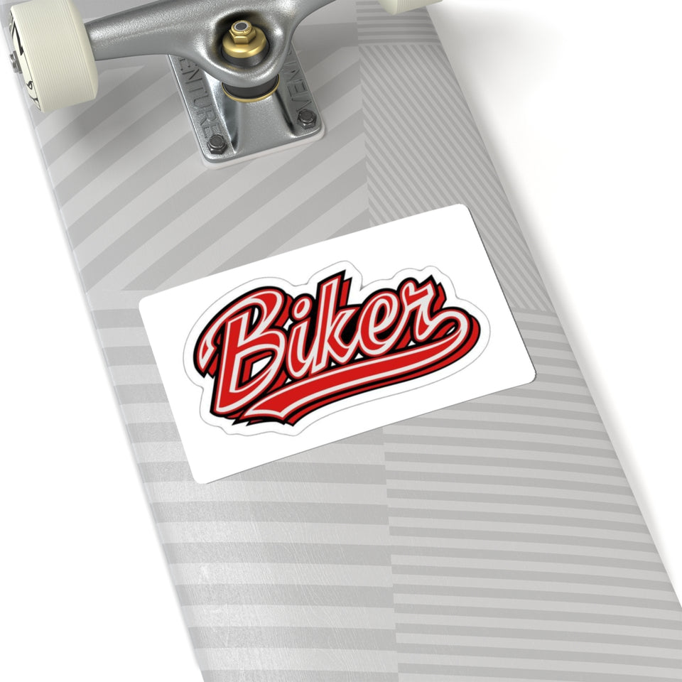 Biker Sticker — Red Script Kiss-Cut Decal for Helmets, Laptops & Bikes