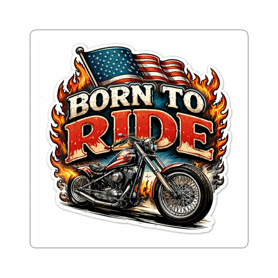 Born to Ride Motorcycle Sticker — American Flag Flame Bike Kiss-Cut