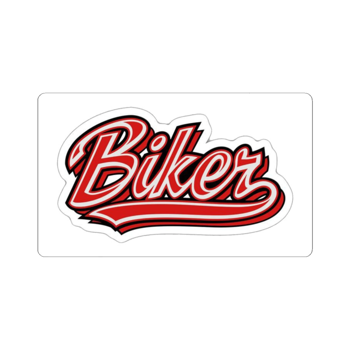 Biker Sticker — Red Script Kiss-Cut Decal for Helmets, Laptops & Bikes