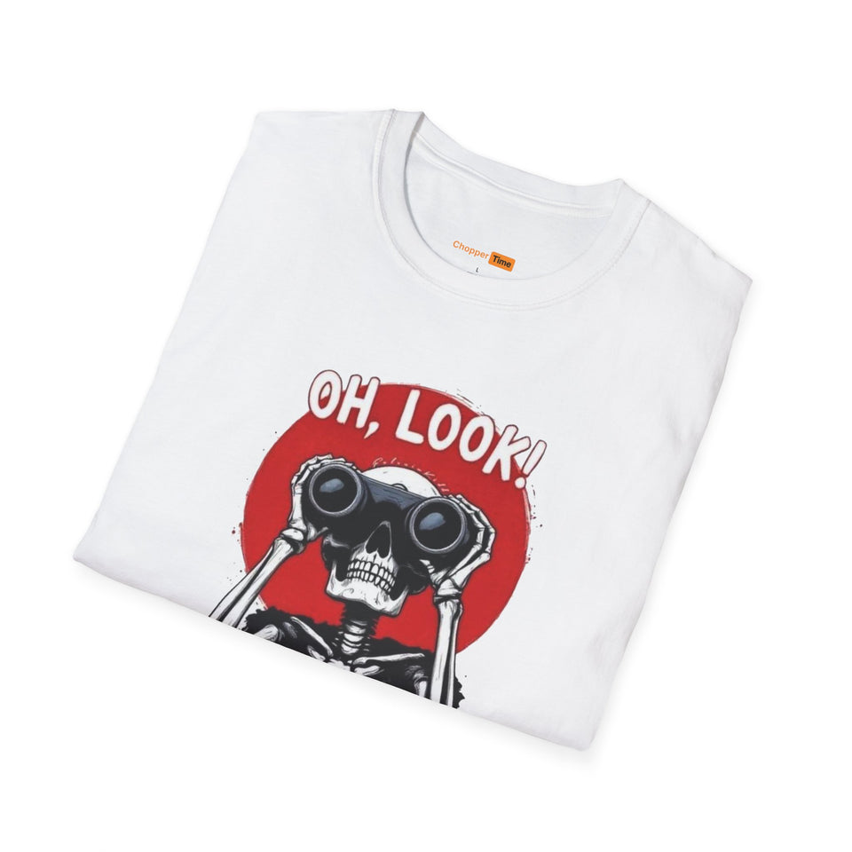 Skeleton Binoculars T‑Shirt — "Oh, Look! Nobody Gives a Sh!t" Graphic Tee