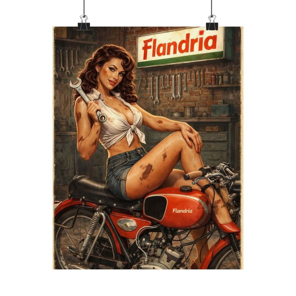 Vintage Pin-Up Motorcycle Poster – “Flandria” Matte Vertical Print