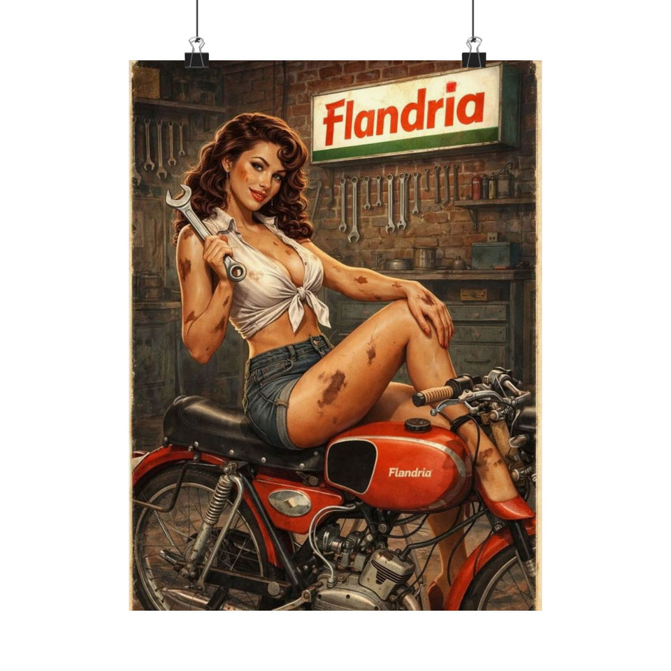 Vintage Pin-Up Motorcycle Poster – “Flandria” Matte Vertical Print