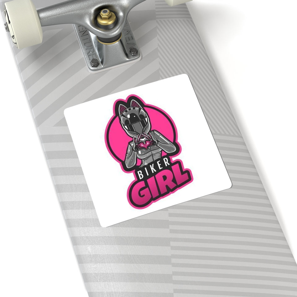 Biker Girl Kiss-Cut Sticker — Pink Motorcycle Helmet Heart Logo