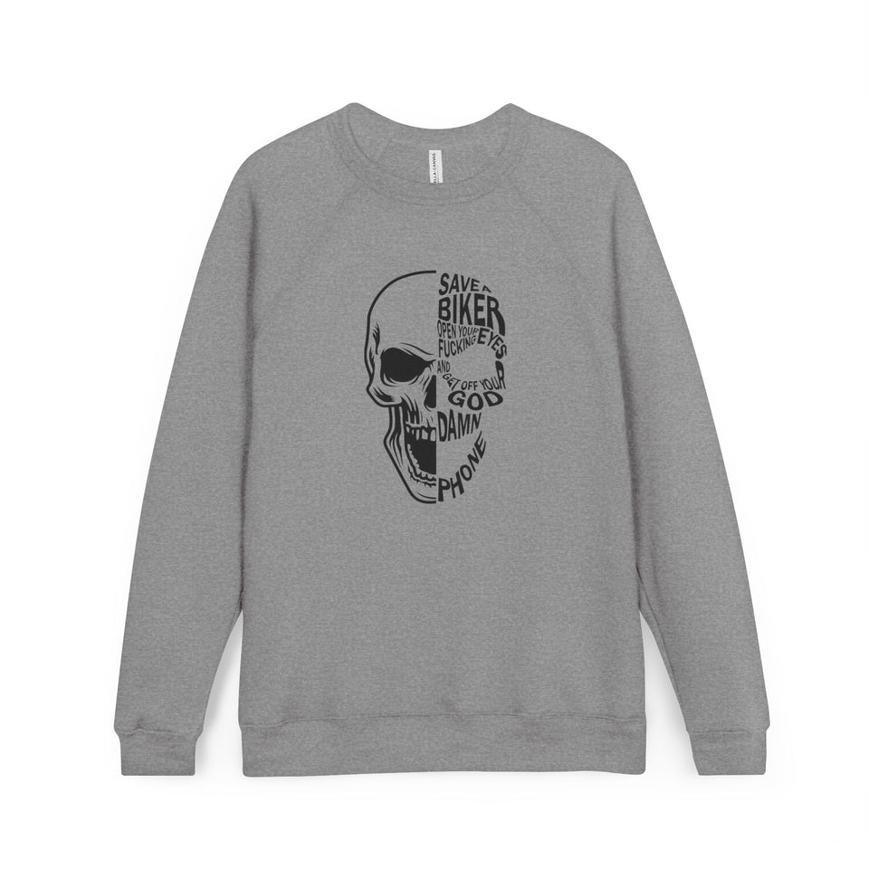 Skull Biker Sweatshirt – "Save a Biker, God Damn Phone" Graphic Crewneck