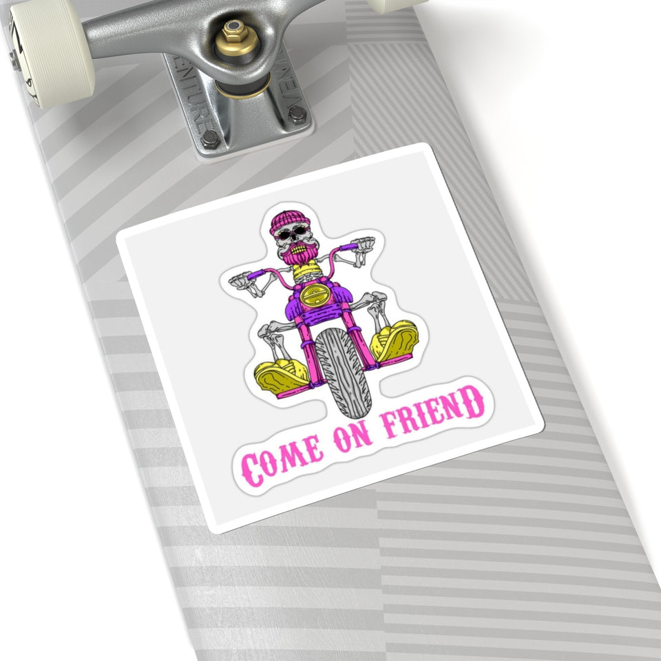 Come On Friend Motorcycle Skull Sticker — Biker Laptop Decal