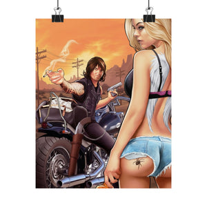 Biker Sunset Matte Poster — Pinup Girl & Motorcycle Wall Art
