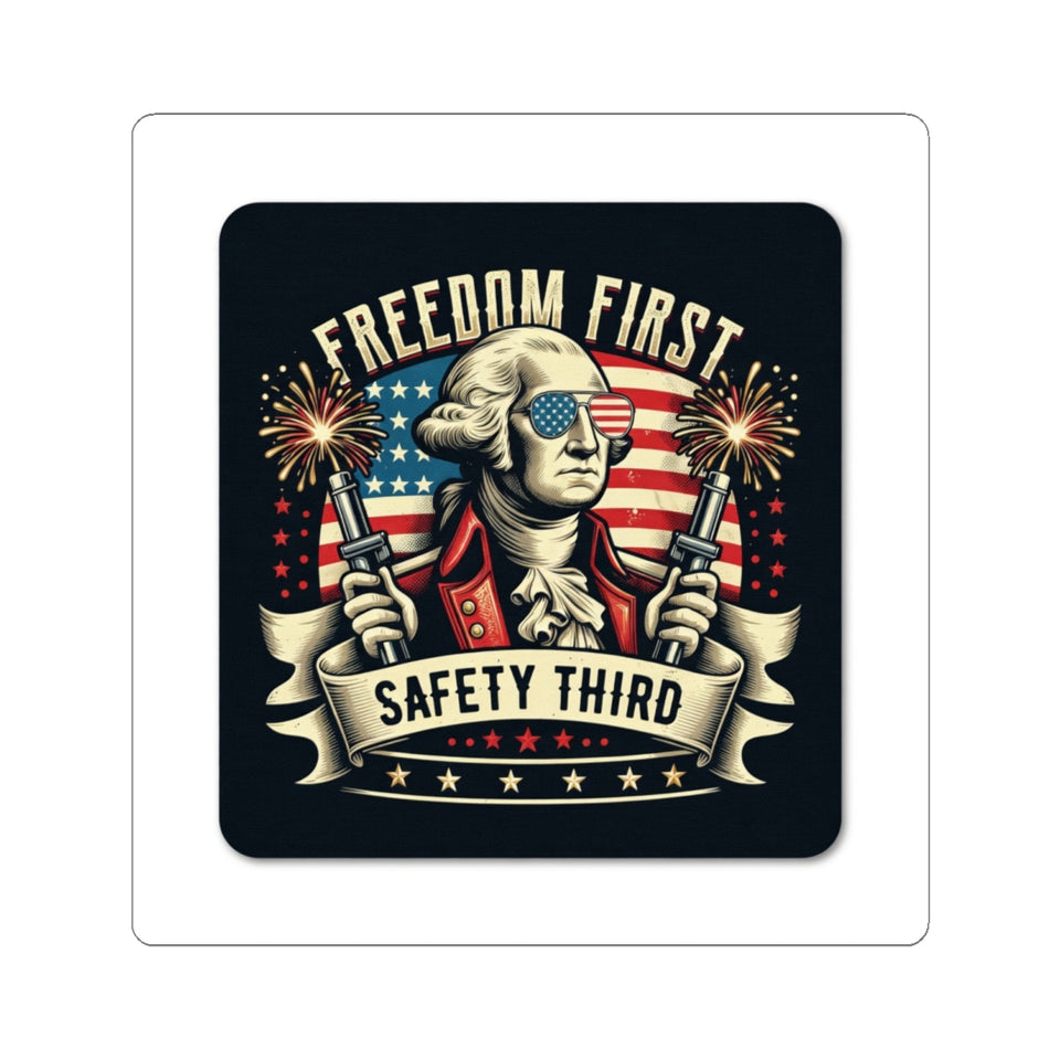 Freedom First "Safety Third" Kiss-Cut Sticker — Patriotic George Washington Design