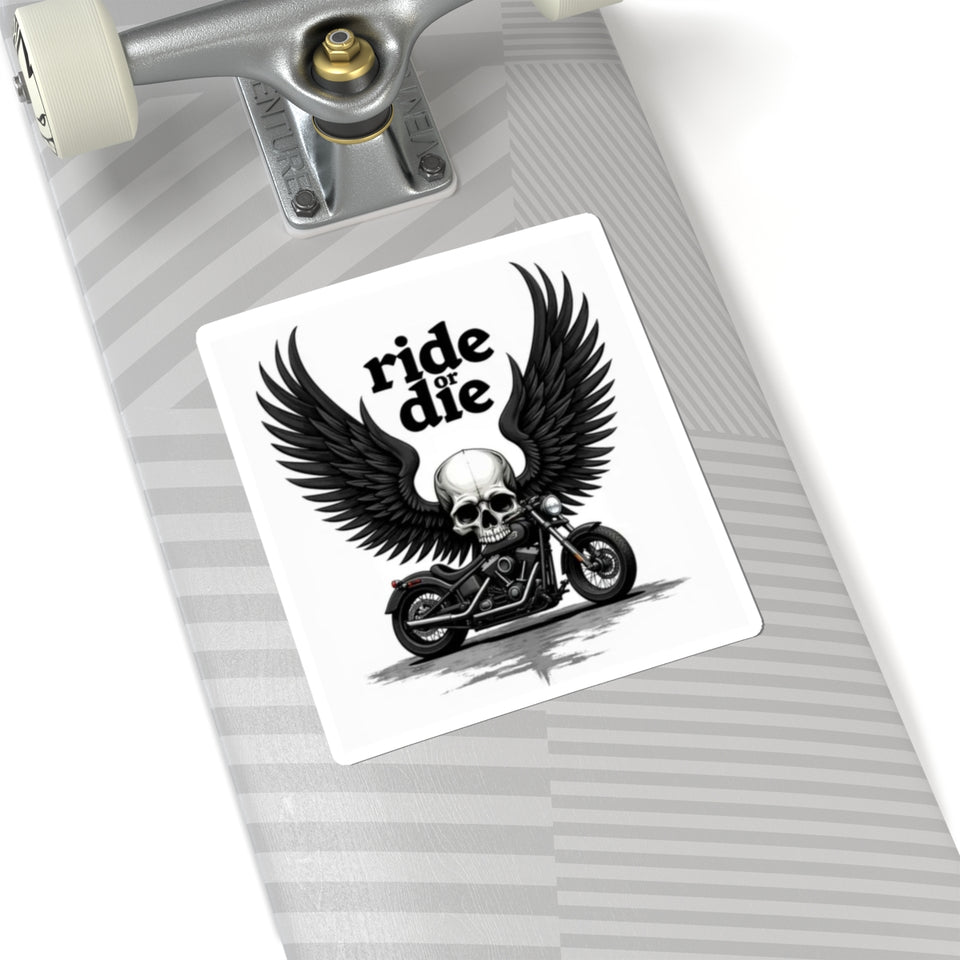 Ride or Die Motorcycle Skull Sticker - Kiss-Cut Biker Decal with Wings