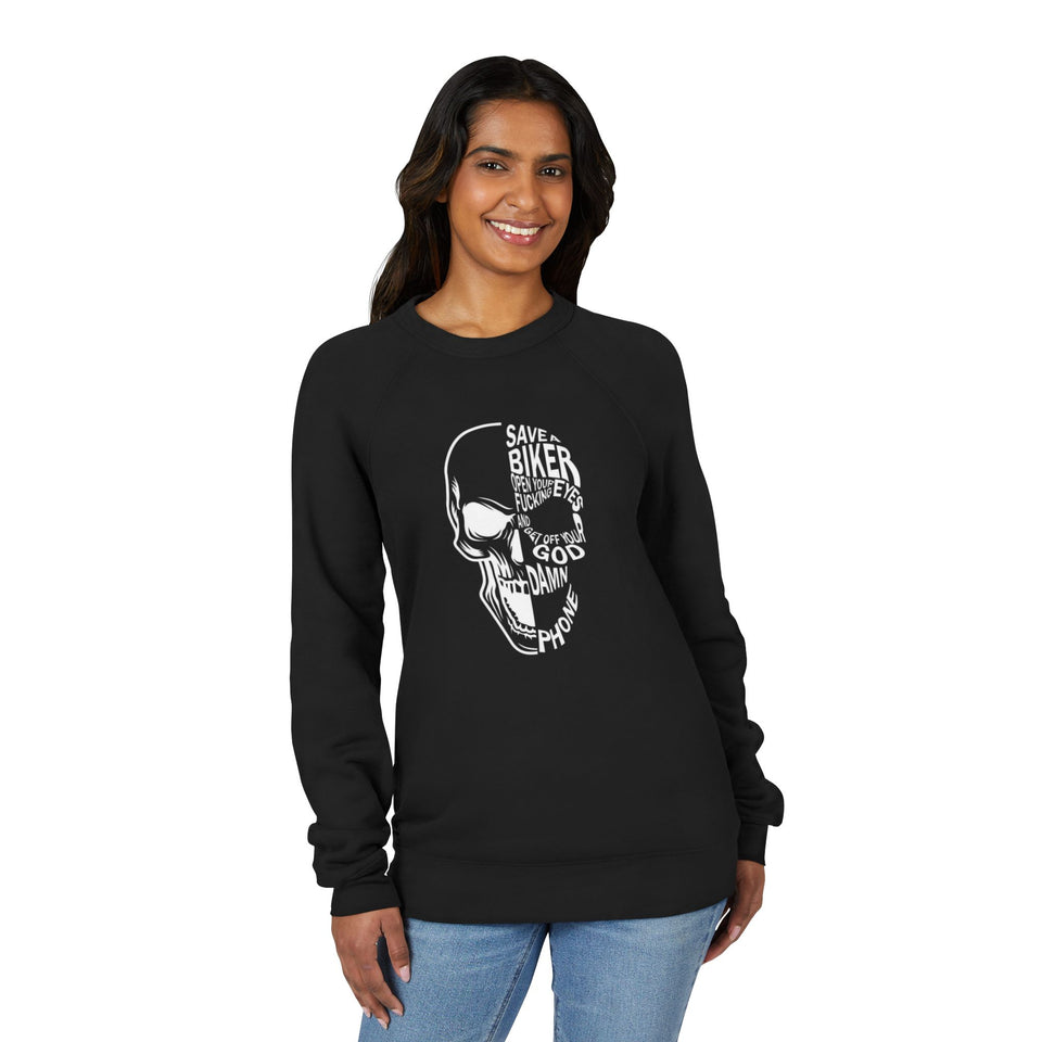 Skull Biker Sweatshirt – "Save a Biker, God Damn Phone" Graphic Crewneck