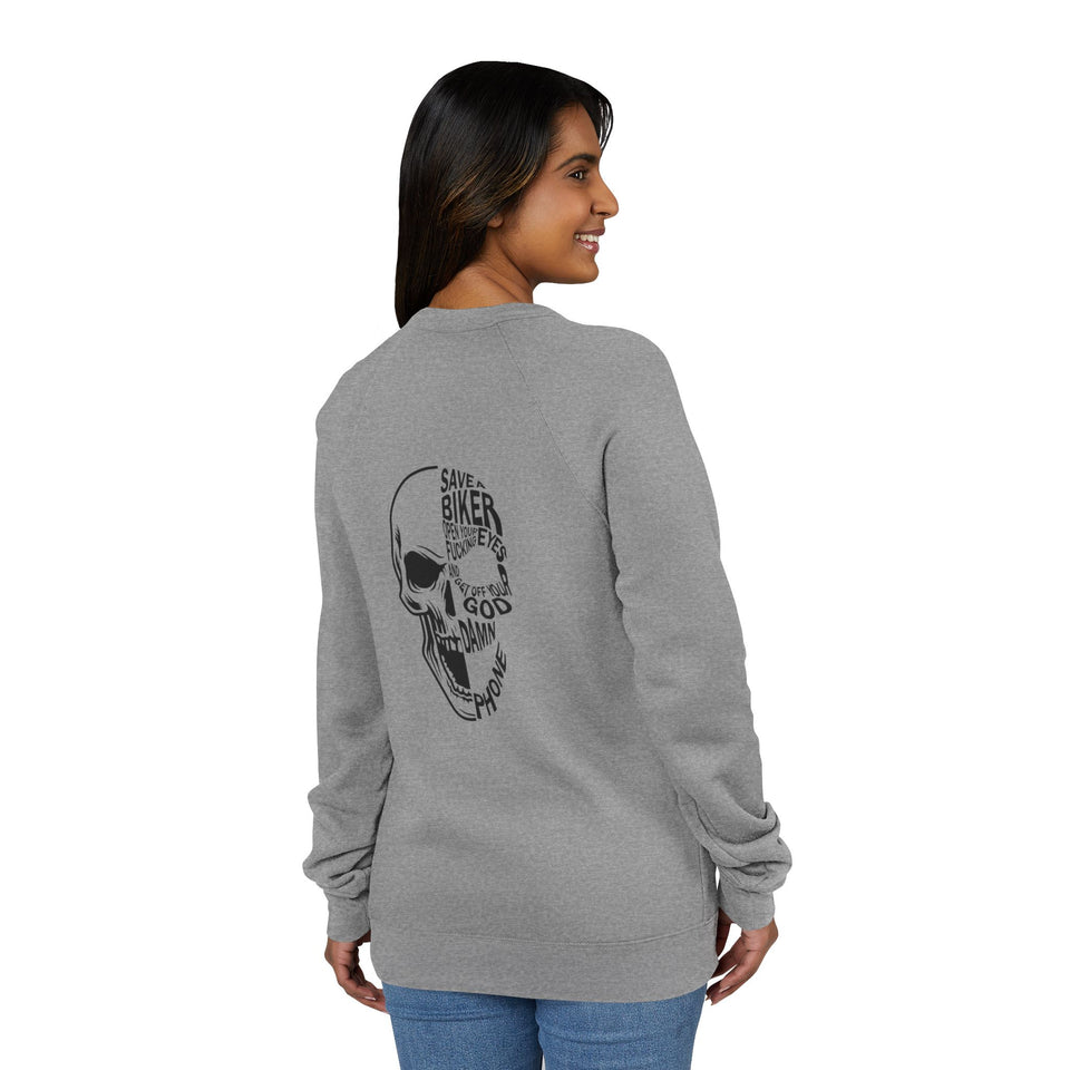Skull Biker Sweatshirt – "Save a Biker, God Damn Phone" Graphic Crewneck