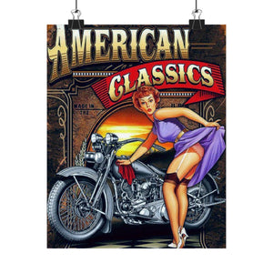 American Classics Pin-Up Motorcycle Poster — Vintage Matte Vertical Poster