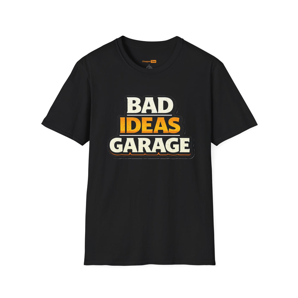 Bad Ideas Garage T-Shirt — Retro Bold Logo Tee for Car Enthusiasts & Mechanics