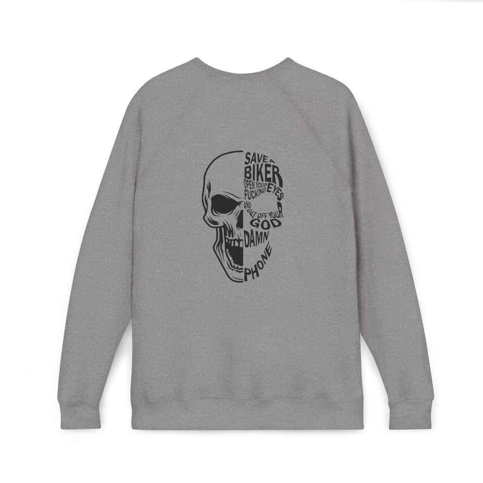 Skull Biker Sweatshirt – "Save a Biker, God Damn Phone" Graphic Crewneck