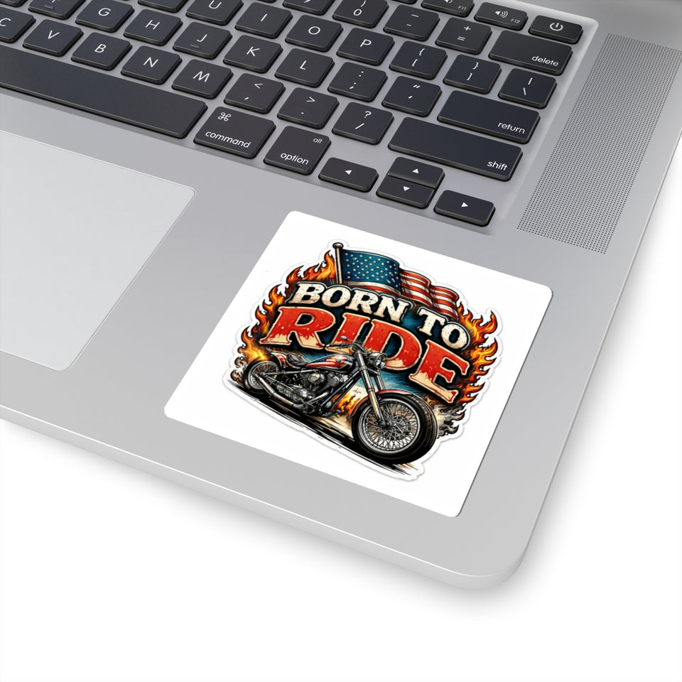 Born to Ride Motorcycle Sticker — American Flag Flame Bike Kiss-Cut