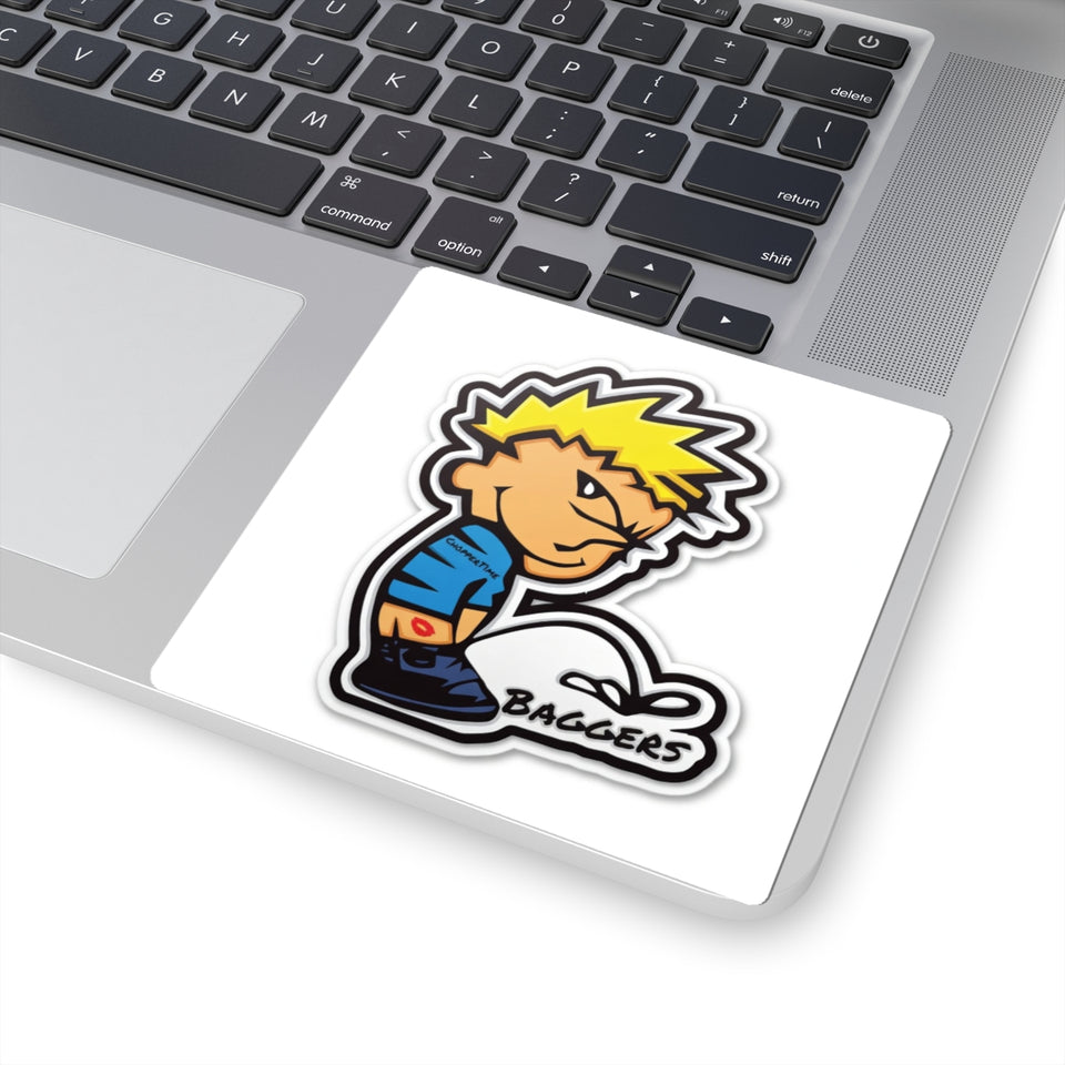 Peeing Boy Cartoon Kiss-Cut Sticker — 'Baggers' Decal for Laptops & Gear