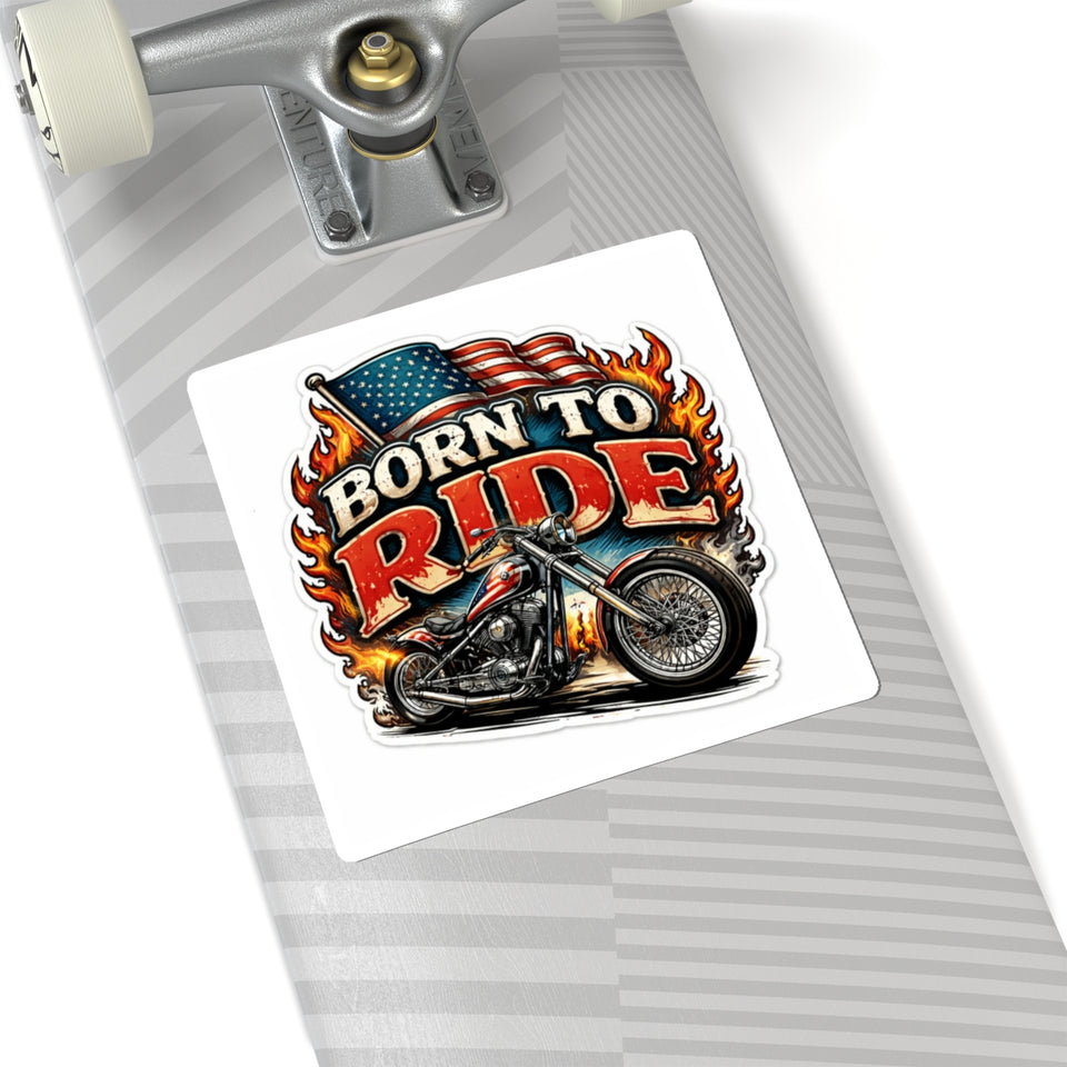 Born to Ride Motorcycle Sticker — American Flag Flame Bike Kiss-Cut
