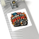 Born to Ride Motorcycle Sticker — American Flag Flame Bike Kiss-Cut