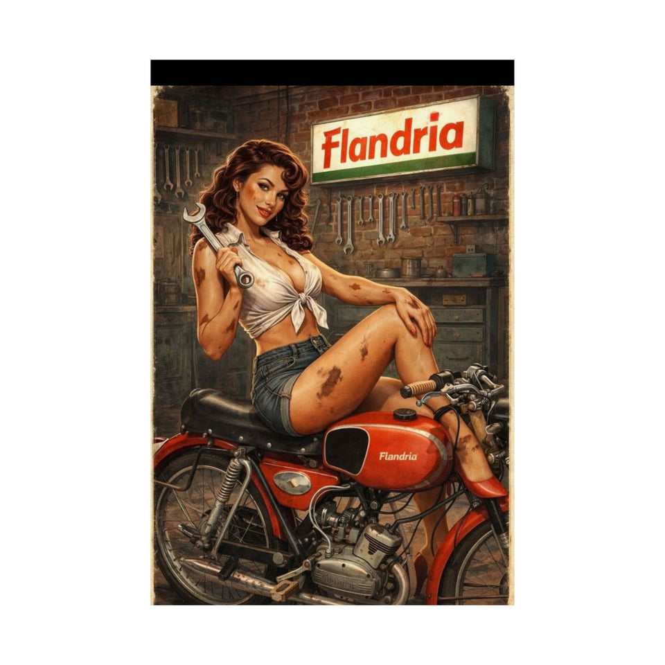 Vintage Pin-Up Motorcycle Poster – “Flandria” Matte Vertical Print