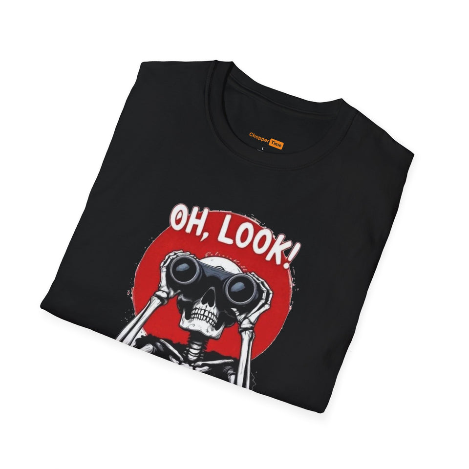 Skeleton Binoculars T‑Shirt — "Oh, Look! Nobody Gives a Sh!t" Graphic Tee