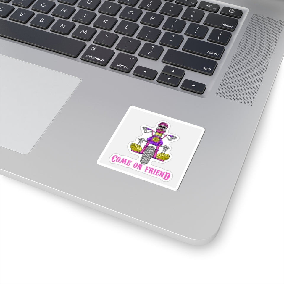 Come On Friend Motorcycle Skull Sticker — Biker Laptop Decal