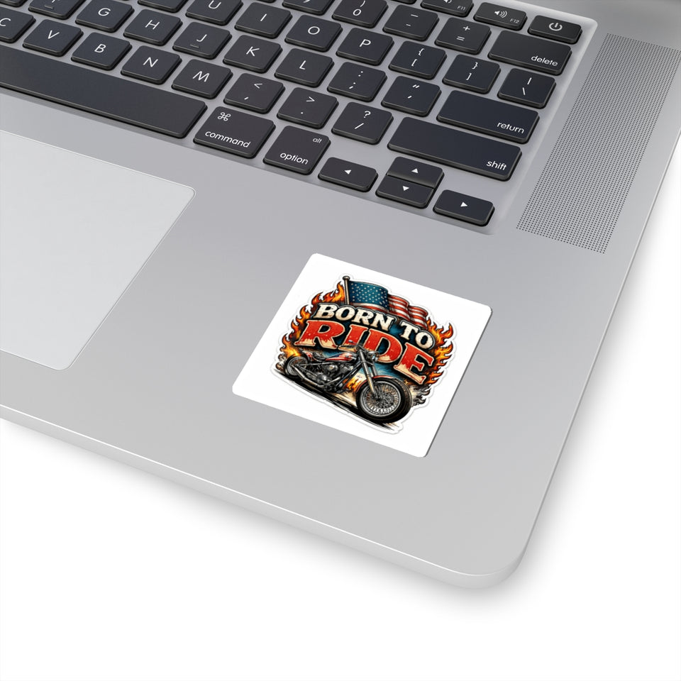 Born to Ride Motorcycle Sticker — American Flag Flame Bike Kiss-Cut