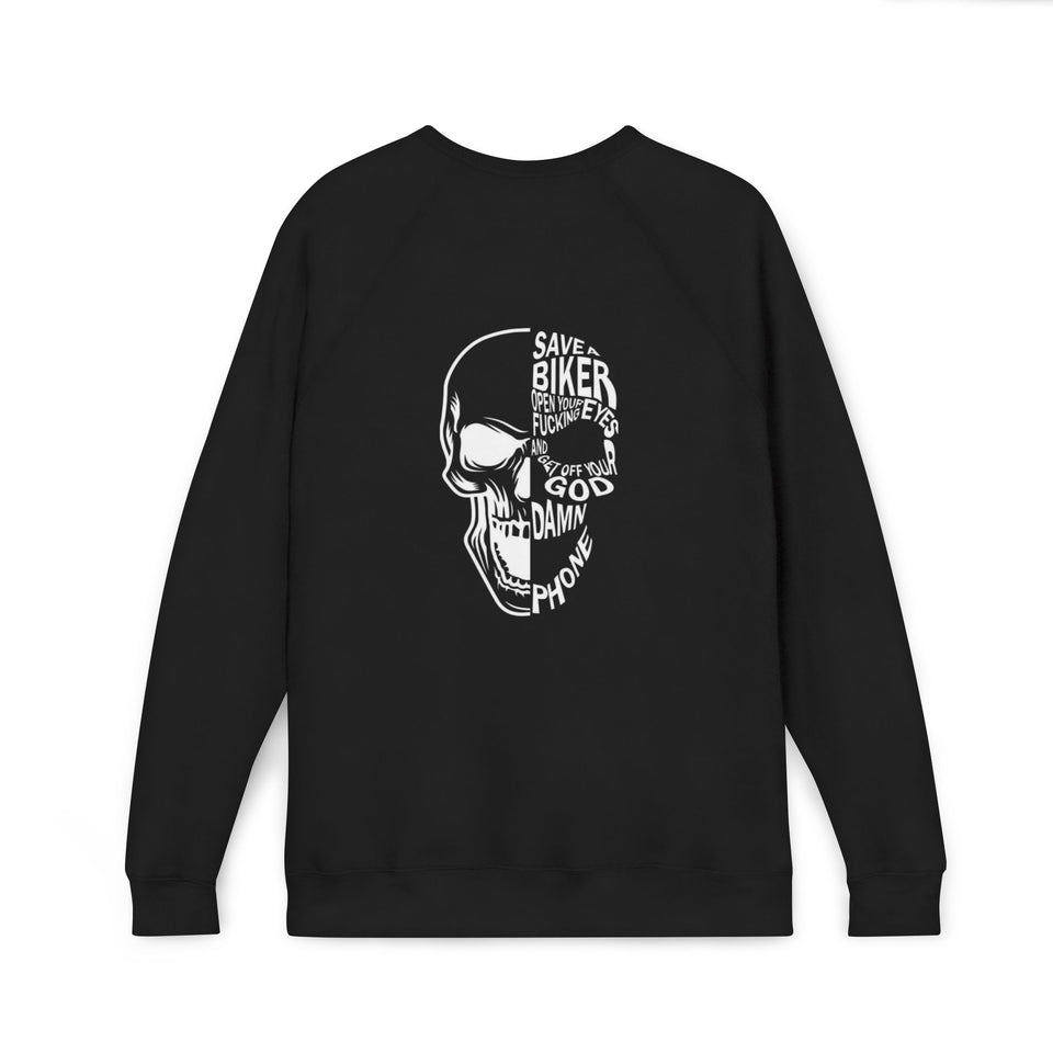 Skull Biker Sweatshirt – "Save a Biker, God Damn Phone" Graphic Crewneck