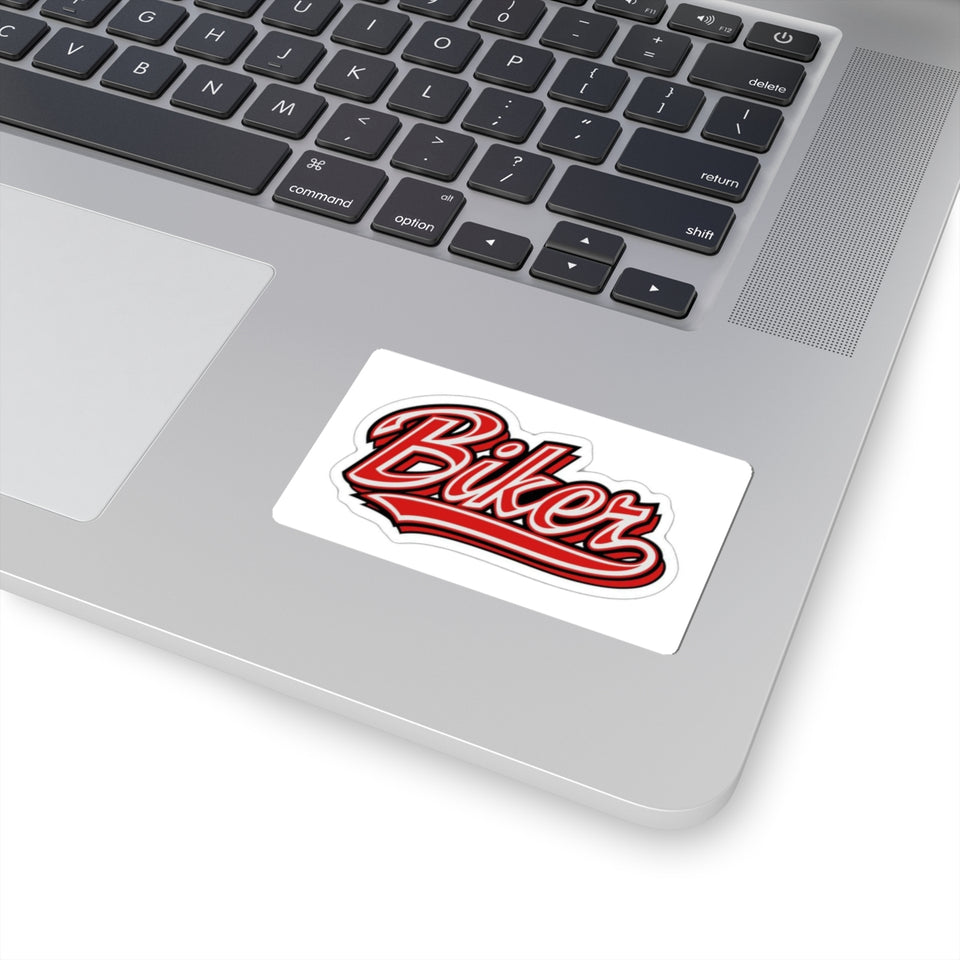 Biker Sticker — Red Script Kiss-Cut Decal for Helmets, Laptops & Bikes