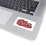 Biker Sticker — Red Script Kiss-Cut Decal for Helmets, Laptops & Bikes