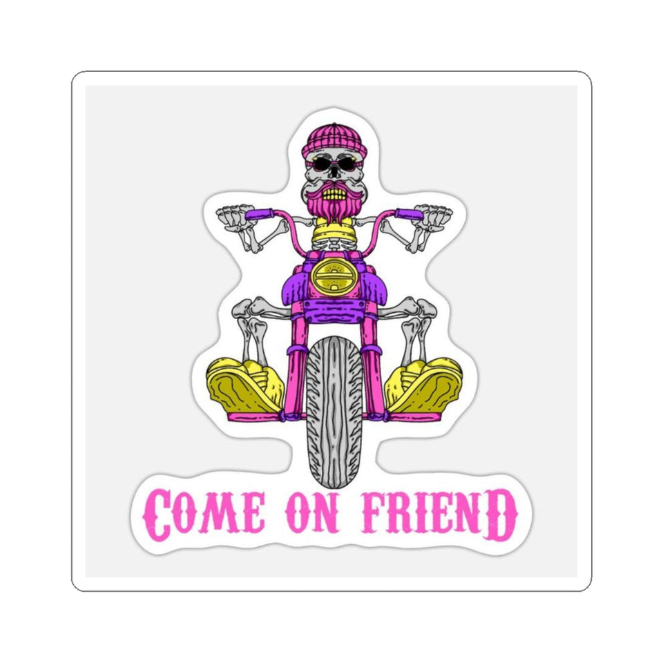 Come On Friend Motorcycle Skull Sticker — Biker Laptop Decal