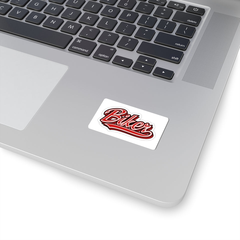 Biker Sticker — Red Script Kiss-Cut Decal for Helmets, Laptops & Bikes