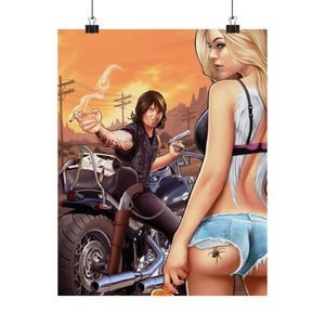 Biker Sunset Matte Poster — Pinup Girl & Motorcycle Wall Art