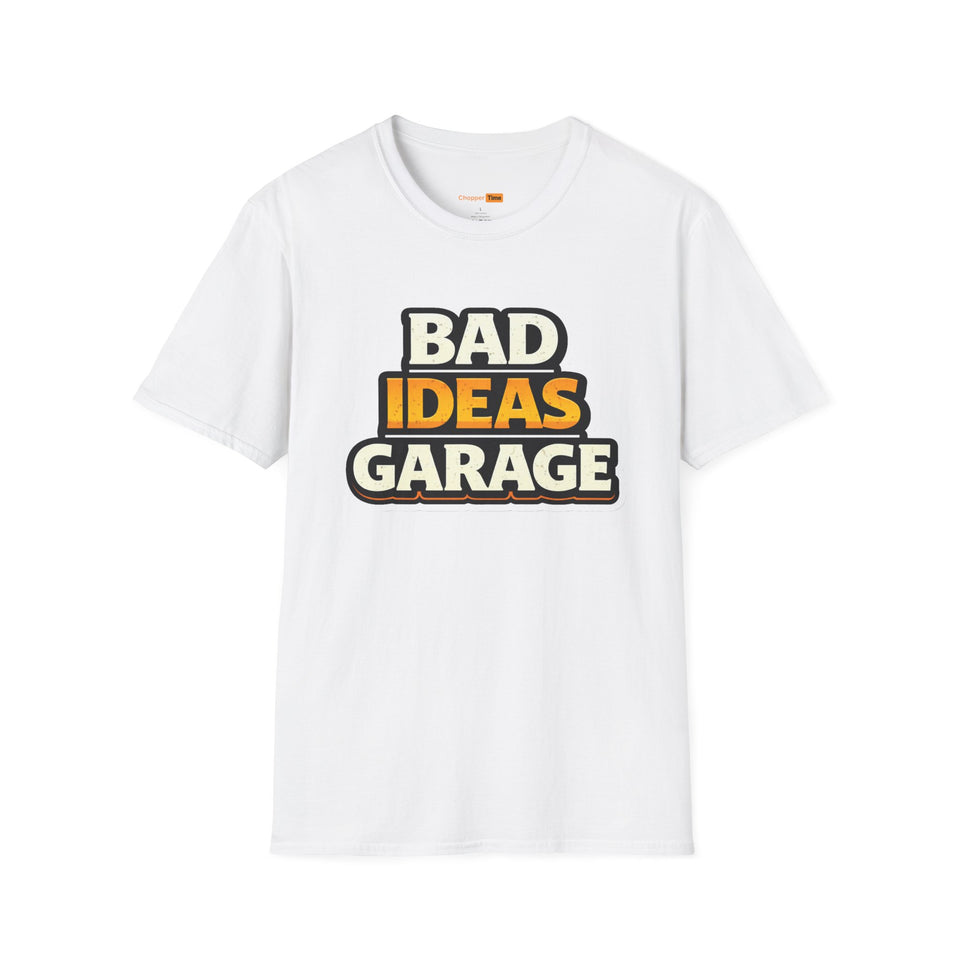 Bad Ideas Garage T-Shirt — Retro Bold Logo Tee for Car Enthusiasts & Mechanics