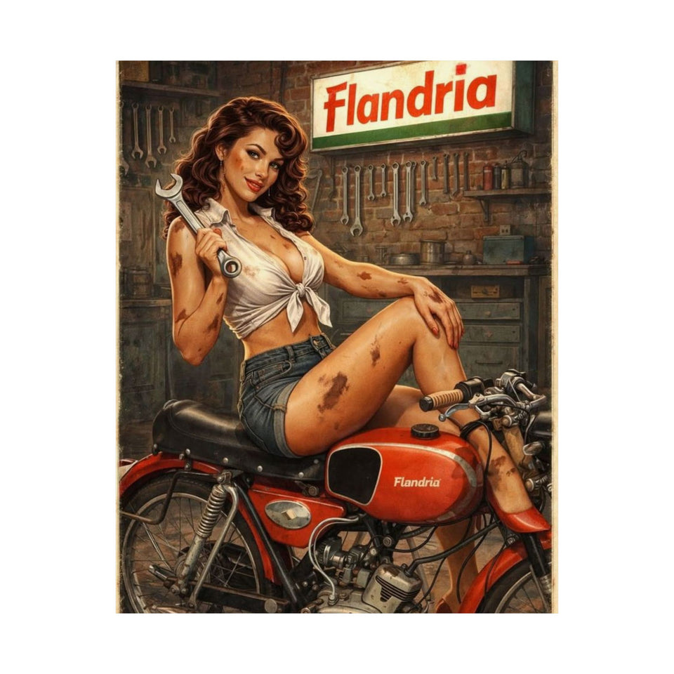Vintage Pin-Up Motorcycle Poster – “Flandria” Matte Vertical Print