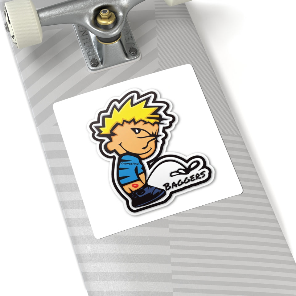 Peeing Boy Cartoon Kiss-Cut Sticker — 'Baggers' Decal for Laptops & Gear