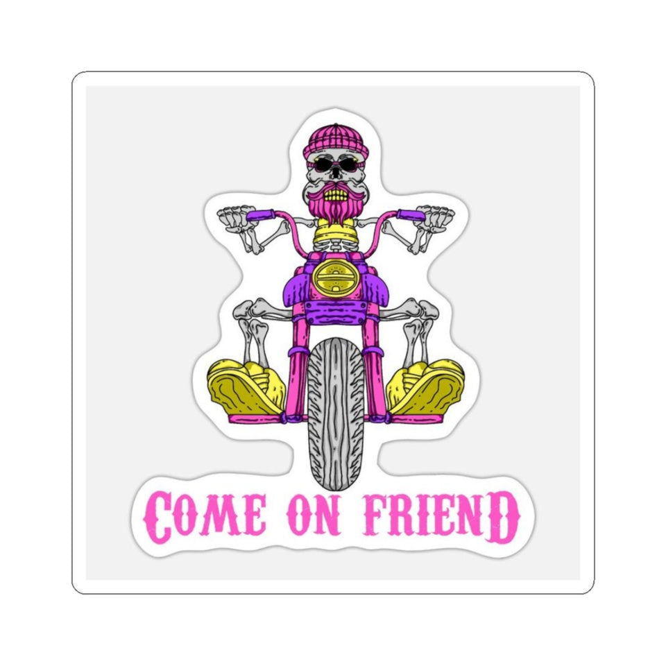 Come On Friend Motorcycle Skull Sticker — Biker Laptop Decal