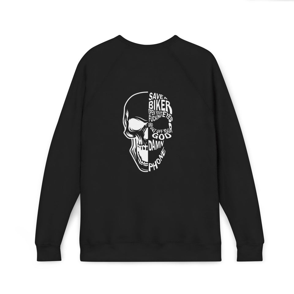 Skull Biker Sweatshirt – "Save a Biker, God Damn Phone" Graphic Crewneck