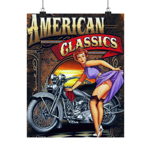 American Classics Pin-Up Motorcycle Poster — Vintage Matte Vertical Poster