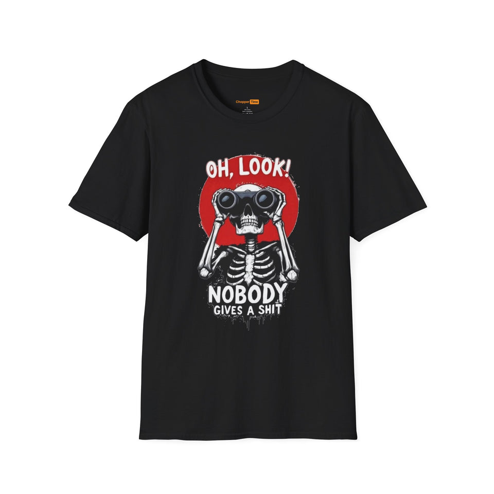 Skeleton Binoculars T‑Shirt — "Oh, Look! Nobody Gives a Sh!t" Graphic Tee
